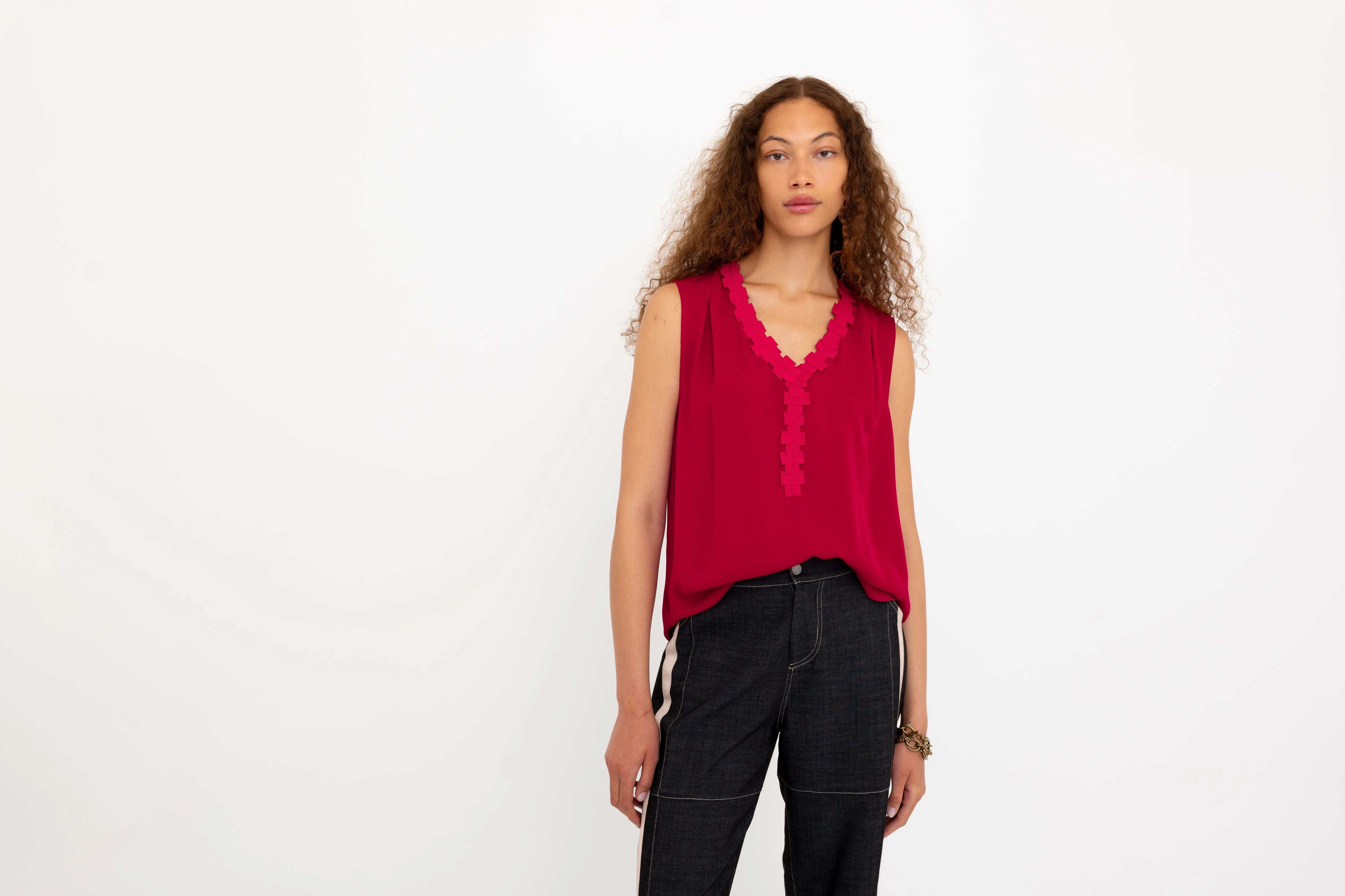 Silk Georgette V Neck Shell Top with Grosgrain Trim - BETTINA