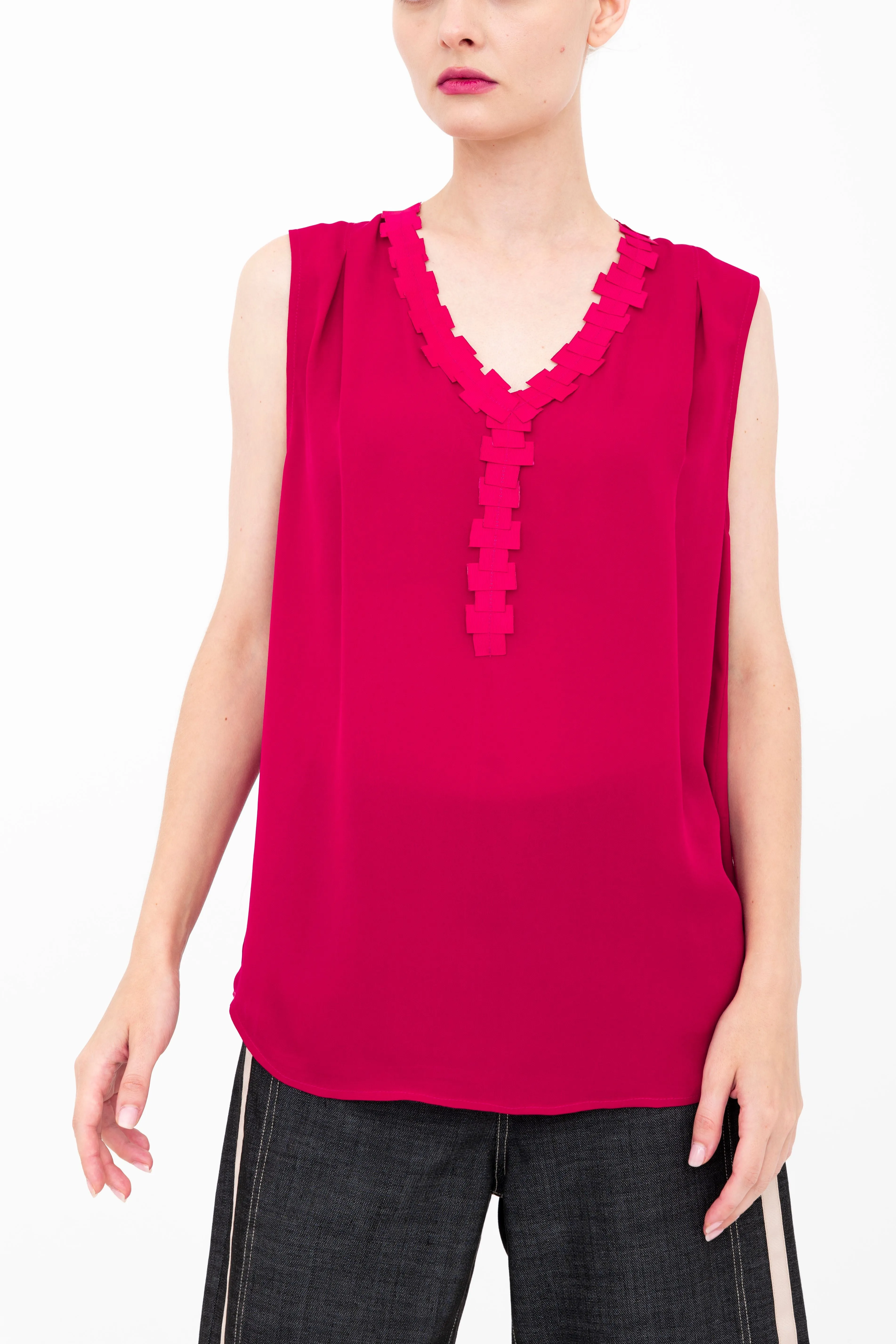 Silk Georgette V Neck Shell Top with Grosgrain Trim - BETTINA