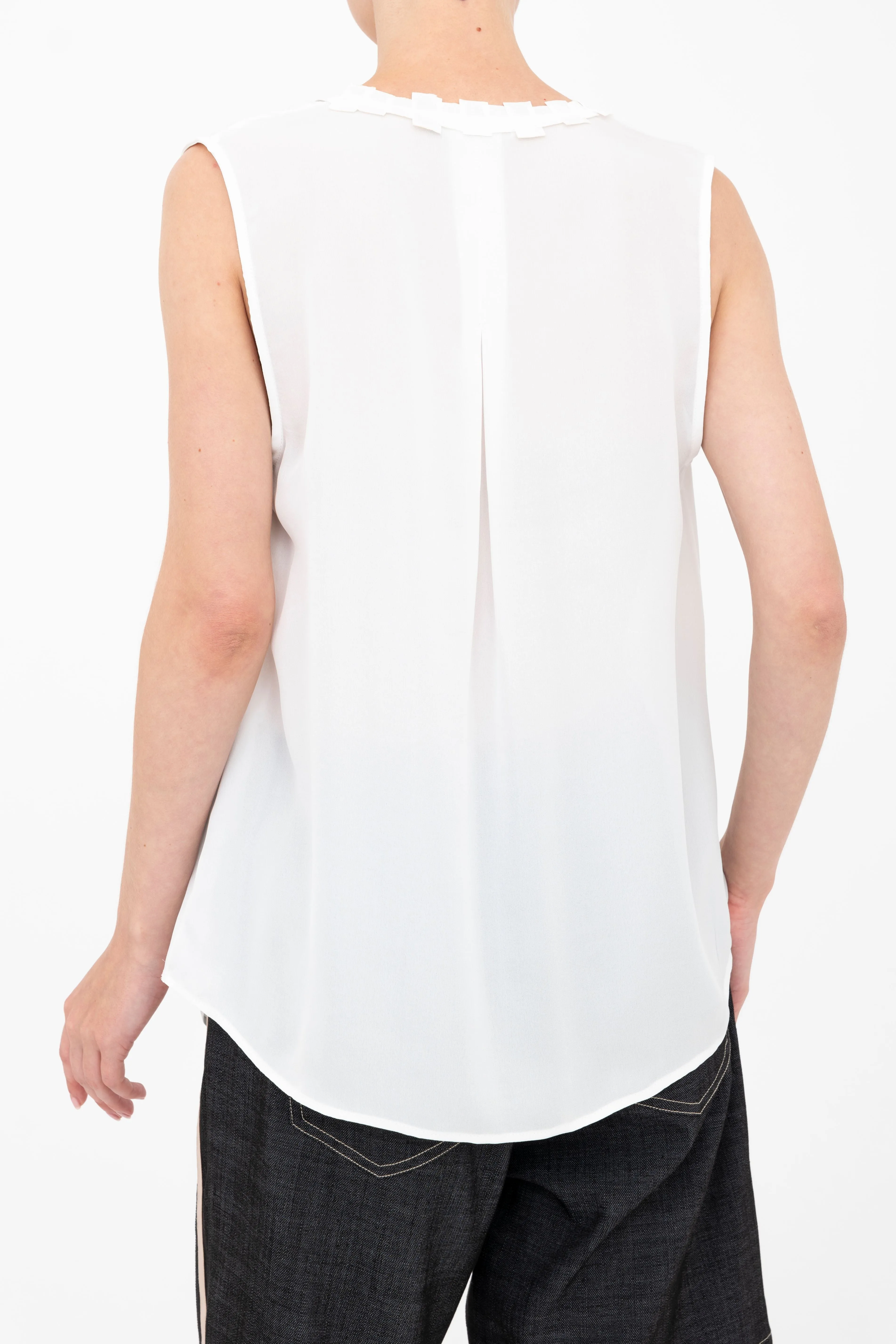 Silk Georgette V Neck Shell Top with Grosgrain Trim - BETTINA