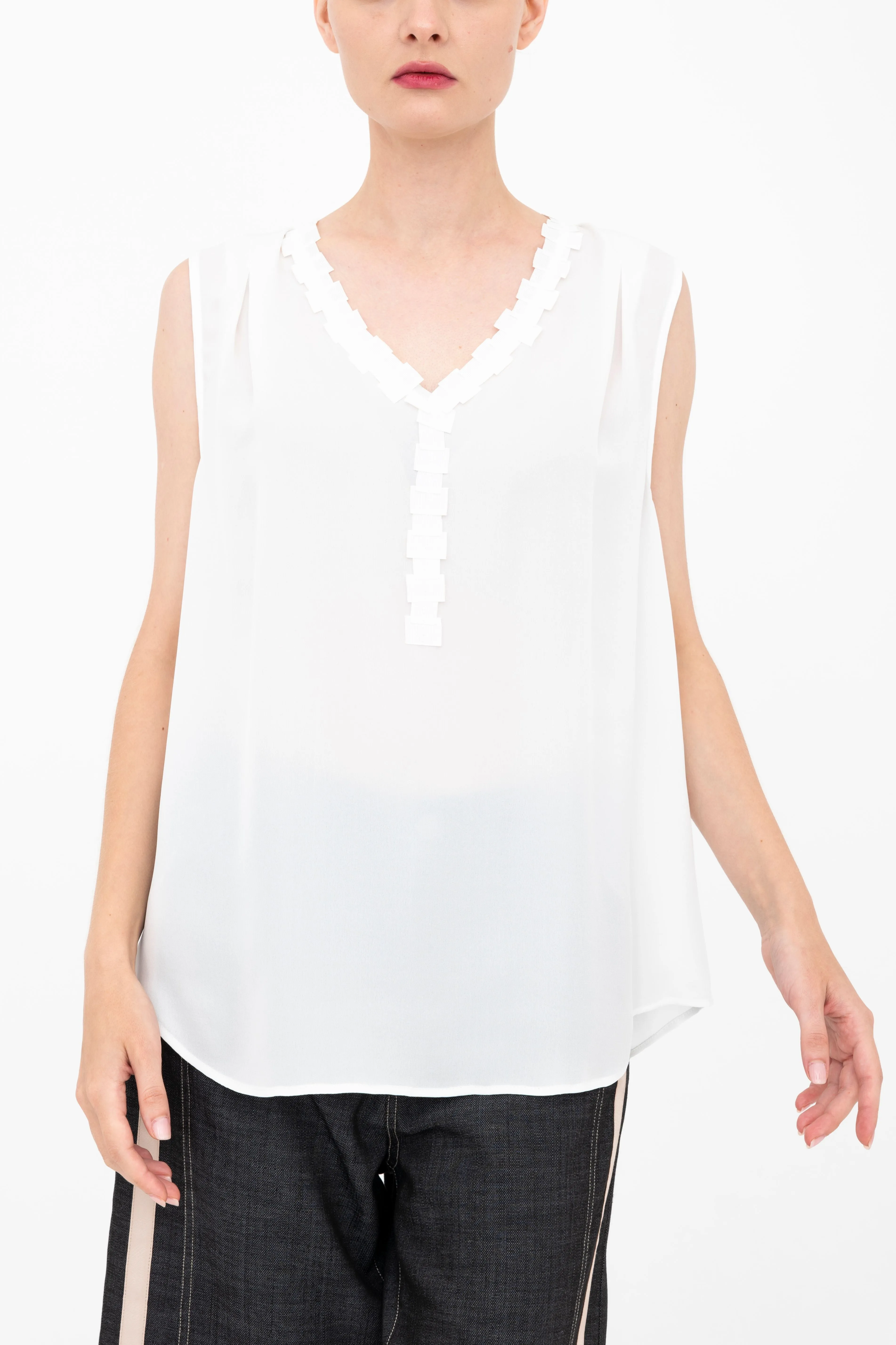 Silk Georgette V Neck Shell Top with Grosgrain Trim - BETTINA