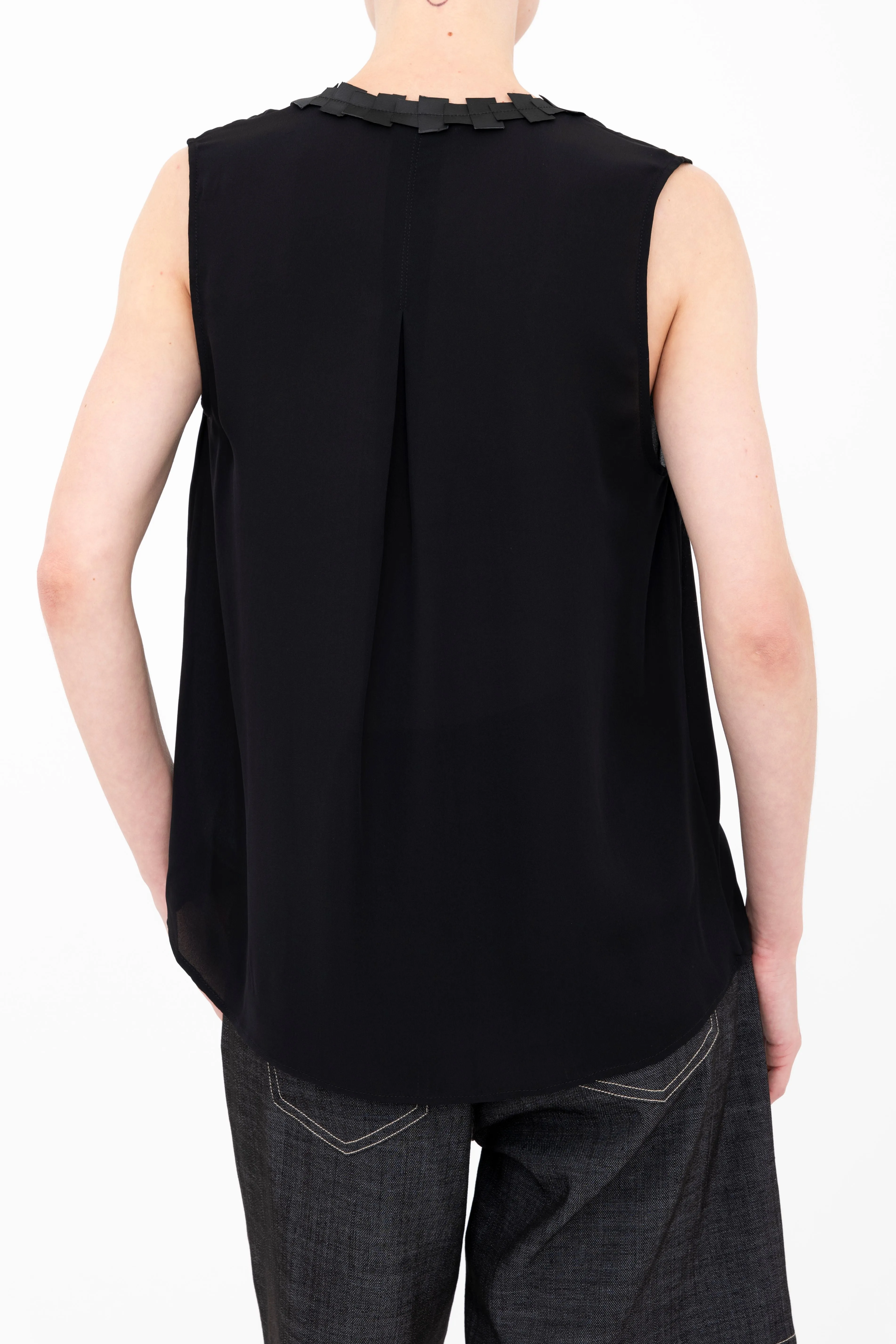 Silk Georgette V Neck Shell Top with Grosgrain Trim - BETTINA