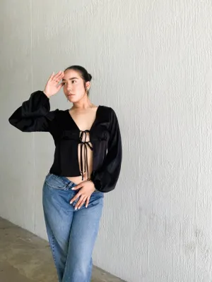 SILKY SATIN V NECK LONG BISHOP SLEEVE EMPIRE BUST TOP