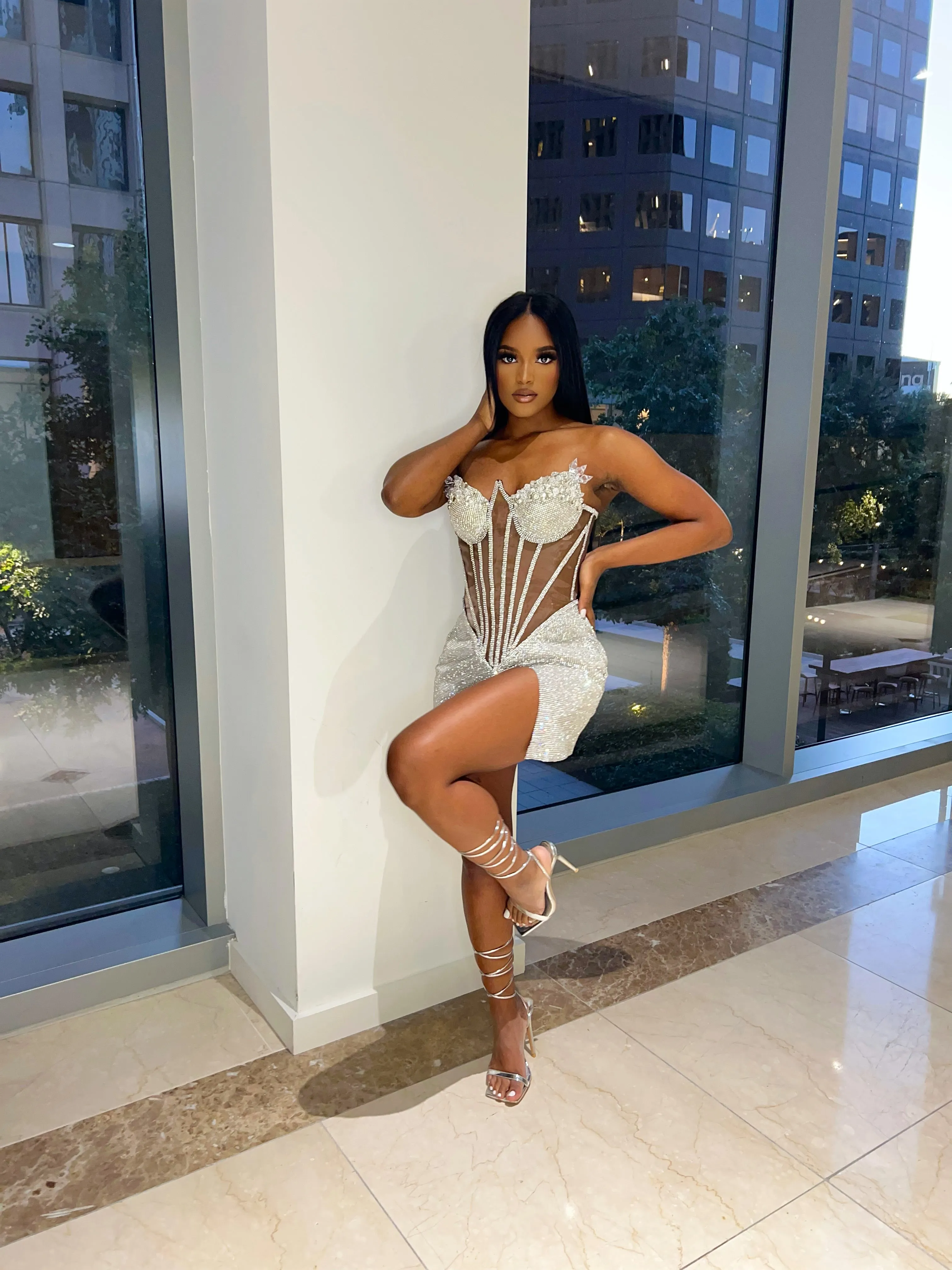 Silver Rhinestone Corset Mini Dress w/ Clear Crystal Detail