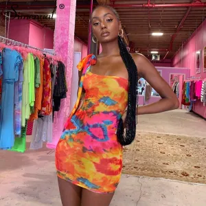 Simenual Sexy Hot Tie Dye Frauen Bodycon Kleid Schulter Verband Fashion Party Mini Kleider Ärmelloses 2019 Dünne Druck Kleid