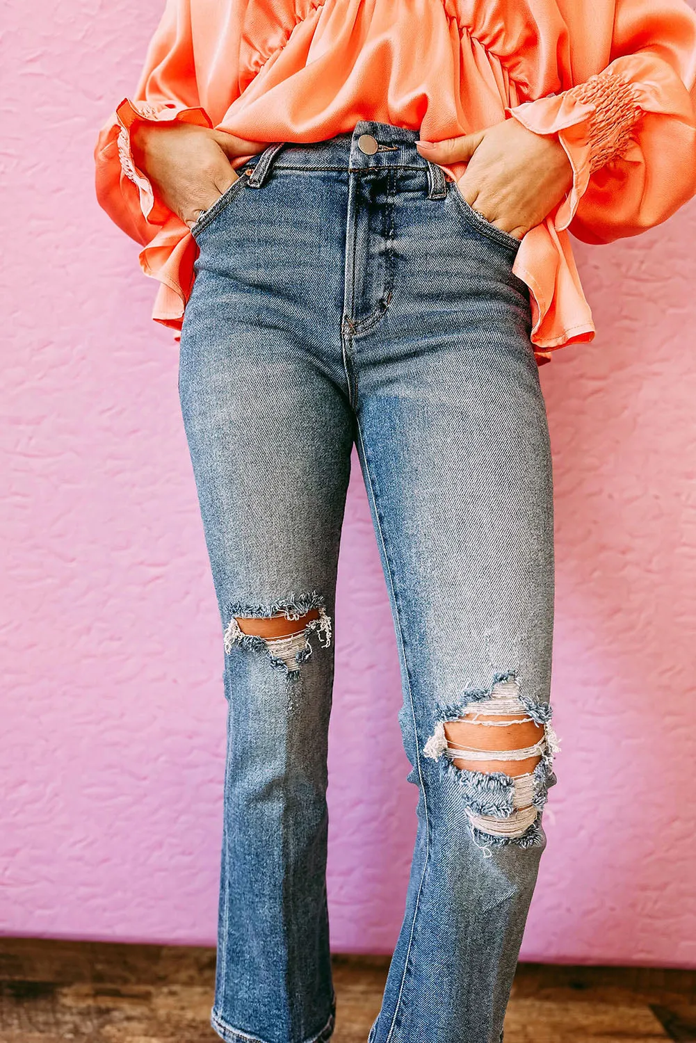 Sky Blue Distressed Ripped Flare Jeans