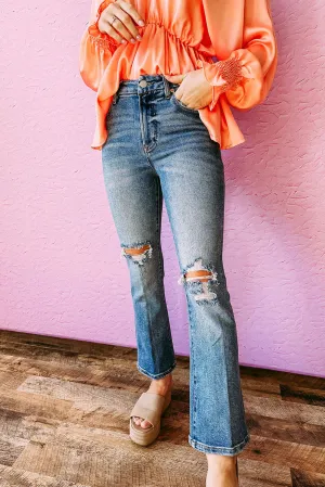 Sky Blue Distressed Ripped Flare Jeans
