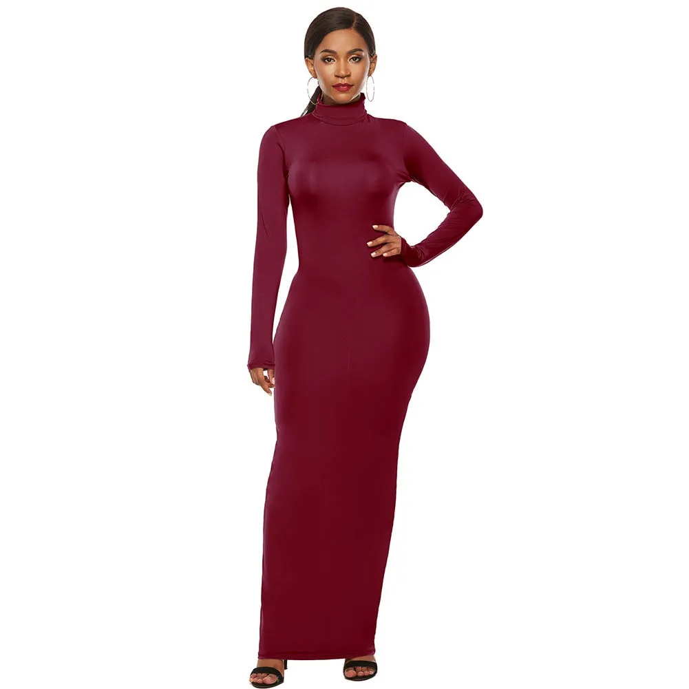 Solid Color Long Sleeve Turtleneck Bodycon Maxi Dress