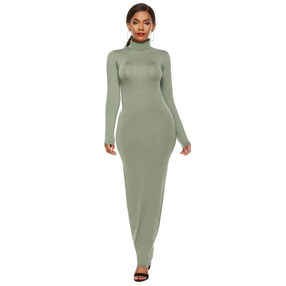 Solid Color Long Sleeve Turtleneck Bodycon Maxi Dress