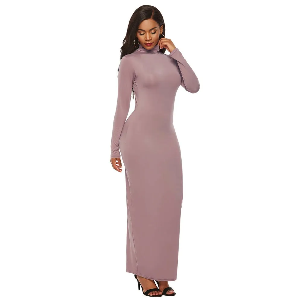Solid Color Long Sleeve Turtleneck Bodycon Maxi Dress