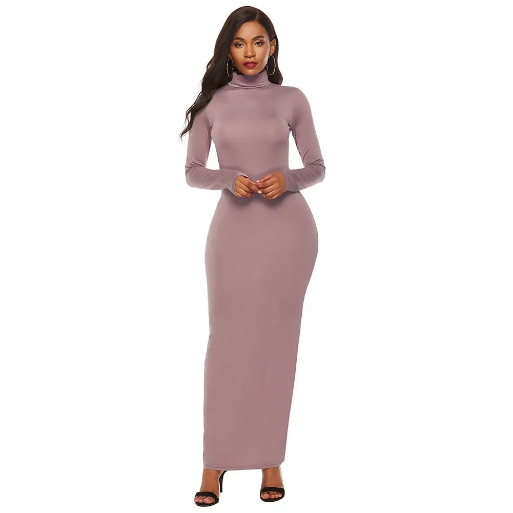 Solid Color Long Sleeve Turtleneck Bodycon Maxi Dress