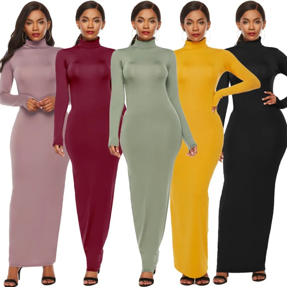 Solid Color Long Sleeve Turtleneck Bodycon Maxi Dress