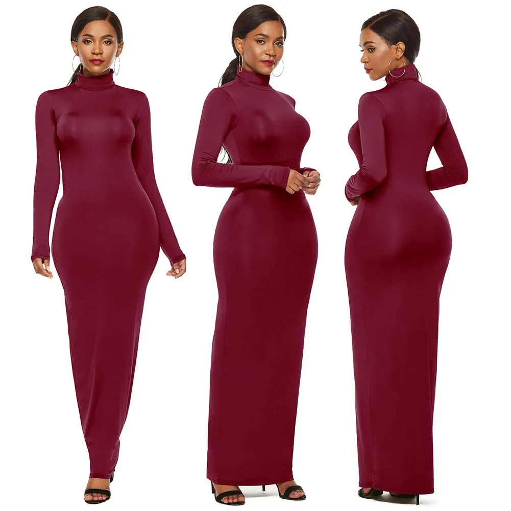 Solid Color Long Sleeve Turtleneck Bodycon Maxi Dress