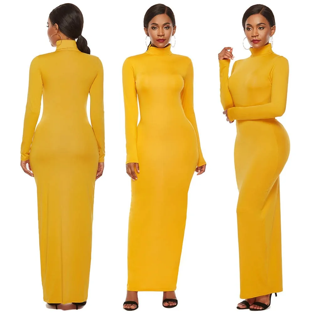 Solid Color Long Sleeve Turtleneck Bodycon Maxi Dress