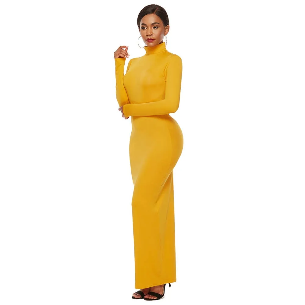 Solid Color Long Sleeve Turtleneck Bodycon Maxi Dress