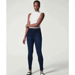 SPANX Ankle Skinny Jeans Women's Size L High Rise Pullover Dark Blue