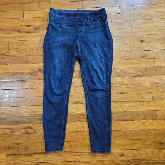 SPANX Ankle Skinny Jeans Women's Size L High Rise Pullover Dark Blue