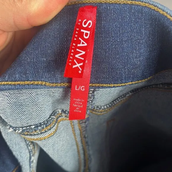 SPANX Distressed Ankle Skinny Jeans in Medium Wash.