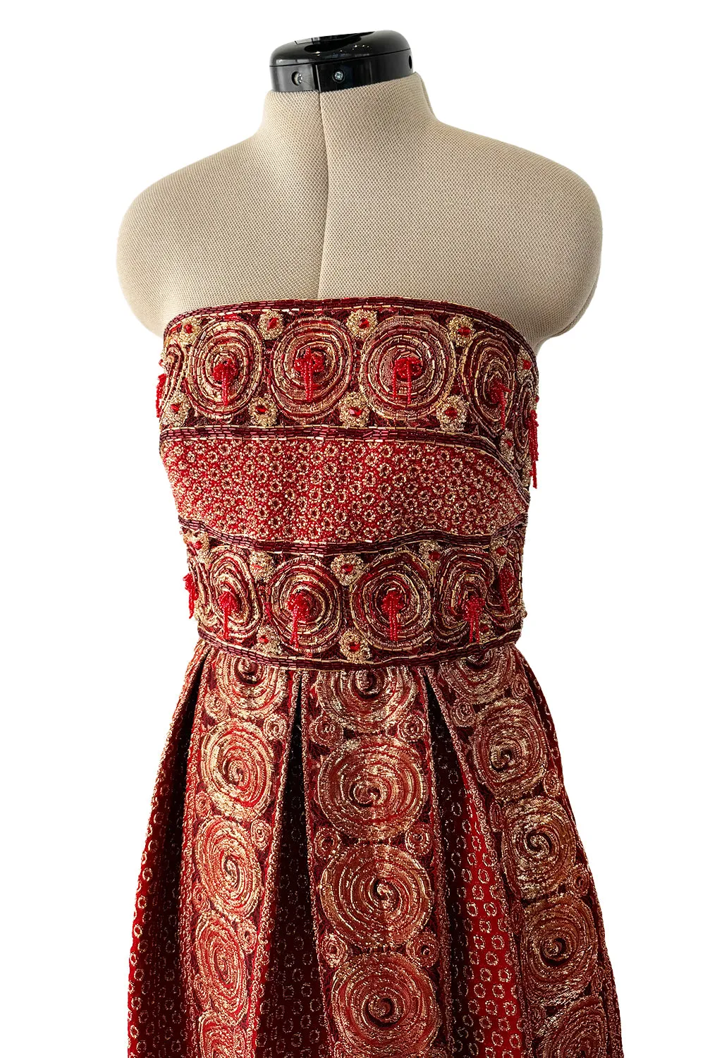 Stunning 1960s Paul Whitney Numbered Strapless Beaded Gold & Red Silk Brocade Dress