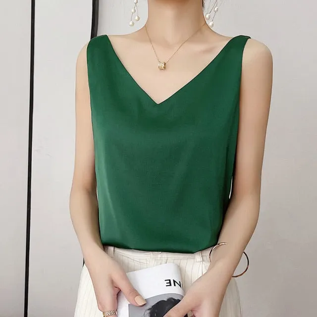 Summer Shiny Satin Silk Tshirt Women Harajuku T Shirt Women Sleeveless Fashion T-shirt Woman Tee Tops Casual Female Luxury Sexy