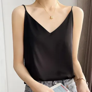 Summer Shiny Satin Silk Tshirt Women Harajuku T Shirt Women Sleeveless Fashion T-shirt Woman Tee Tops Casual Female Luxury Sexy