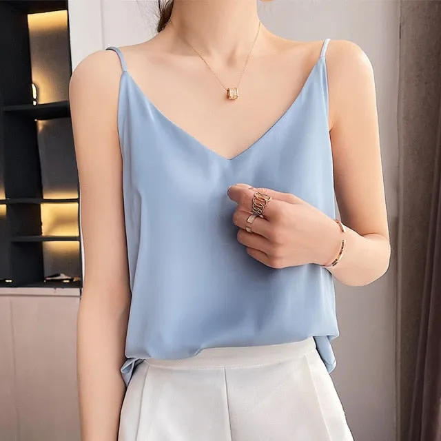 Summer Shiny Satin Silk Tshirt Women Harajuku T Shirt Women Sleeveless Fashion T-shirt Woman Tee Tops Casual Female Luxury Sexy