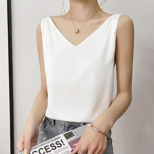 Summer Shiny Satin Silk Tshirt Women Harajuku T Shirt Women Sleeveless Fashion T-shirt Woman Tee Tops Casual Female Luxury Sexy