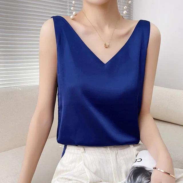 Summer Shiny Satin Silk Tshirt Women Harajuku T Shirt Women Sleeveless Fashion T-shirt Woman Tee Tops Casual Female Luxury Sexy