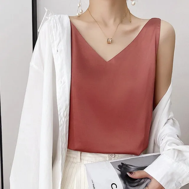 Summer Shiny Satin Silk Tshirt Women Harajuku T Shirt Women Sleeveless Fashion T-shirt Woman Tee Tops Casual Female Luxury Sexy