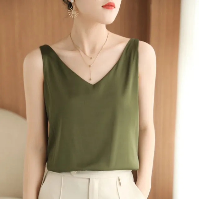 Summer Shiny Satin Silk Tshirt Women Harajuku T Shirt Women Sleeveless Fashion T-shirt Woman Tee Tops Casual Female Luxury Sexy