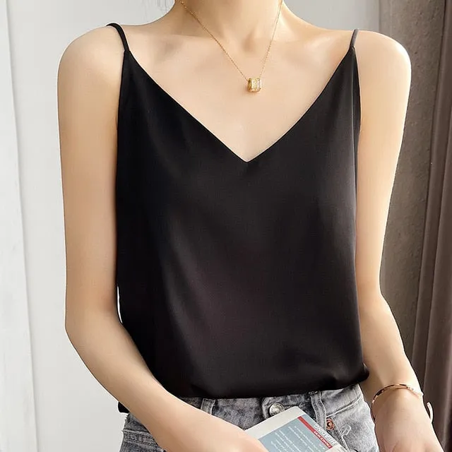 Summer Shiny Satin Silk Tshirt Women Harajuku T Shirt Women Sleeveless Fashion T-shirt Woman Tee Tops Casual Female Luxury Sexy