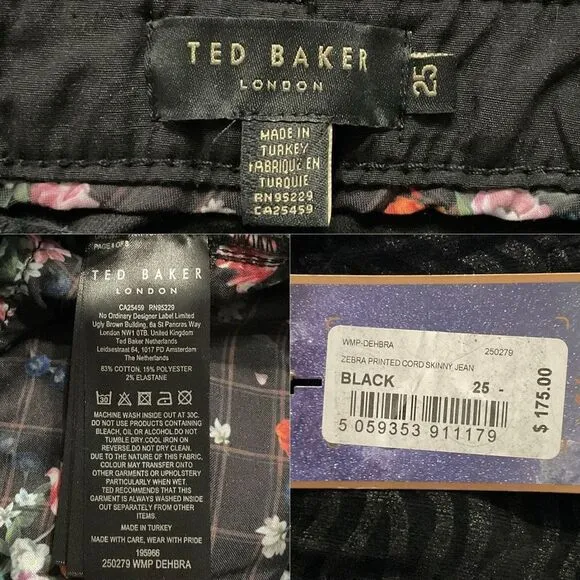 Ted Baker Black Zebra Printed Corduroy Skinny Jeans 25 New