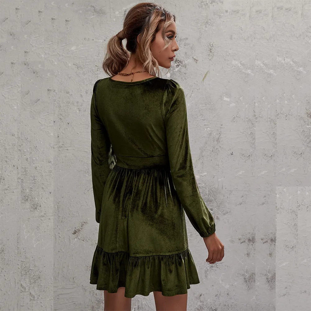 V-neck Velvet Ruffled Puff Sleeve Skater Party Mini Dresses