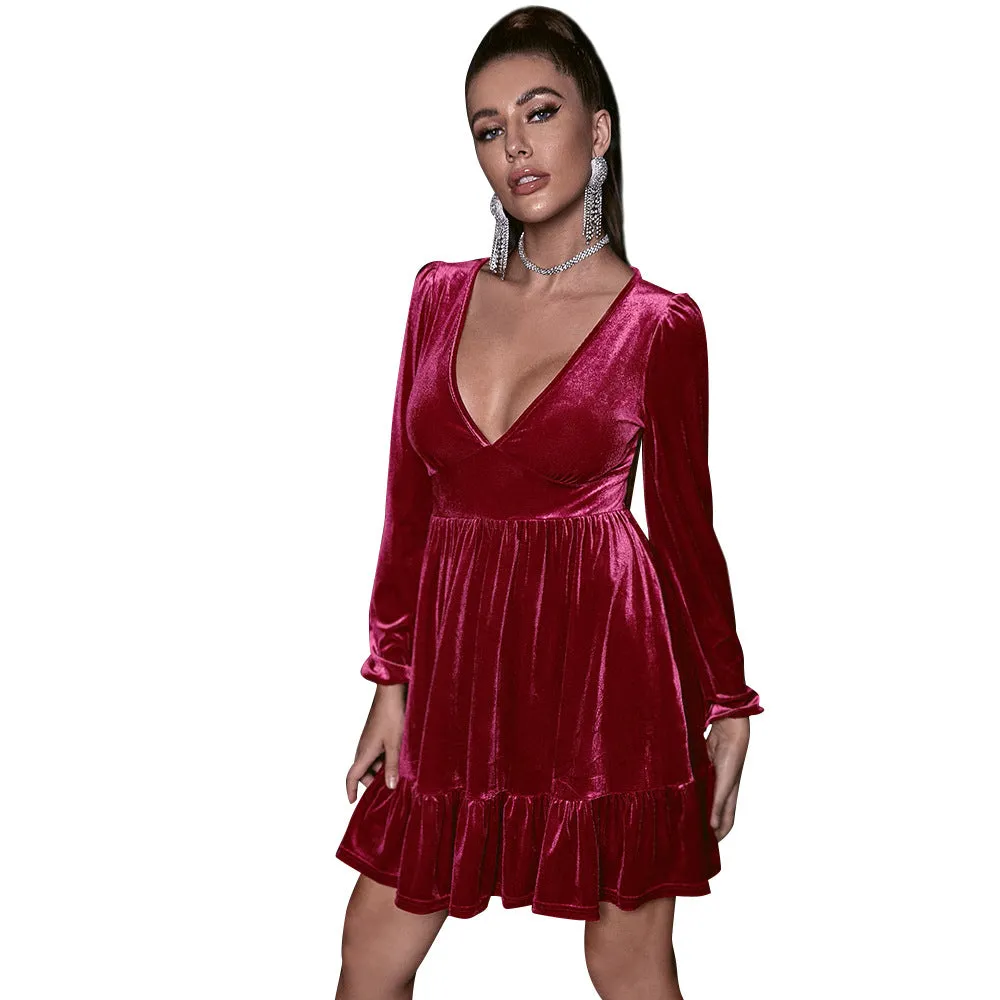 V-neck Velvet Ruffled Puff Sleeve Skater Party Mini Dresses
