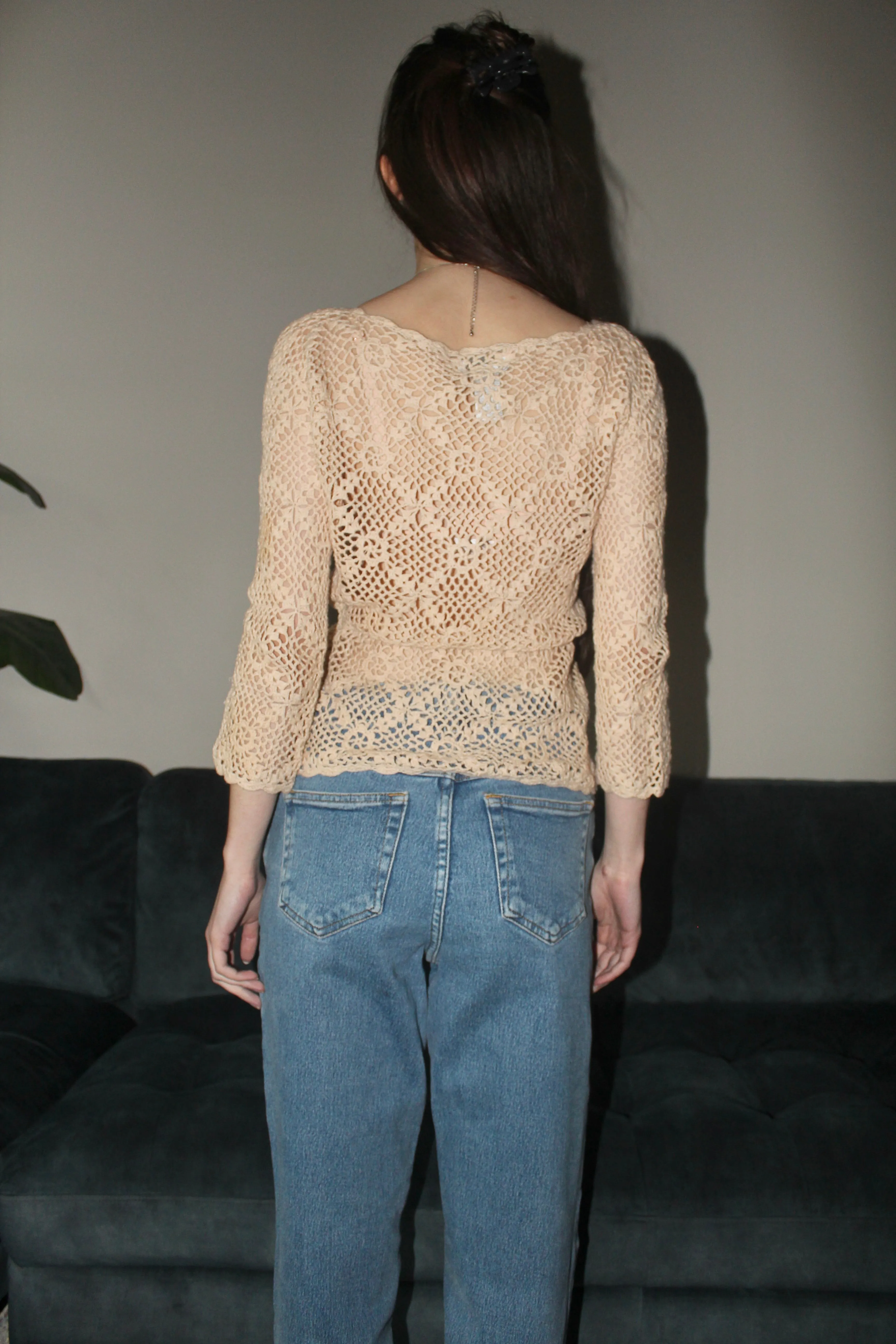 Vintage 90s Cream Crochet Tie Knit Top (S/M)