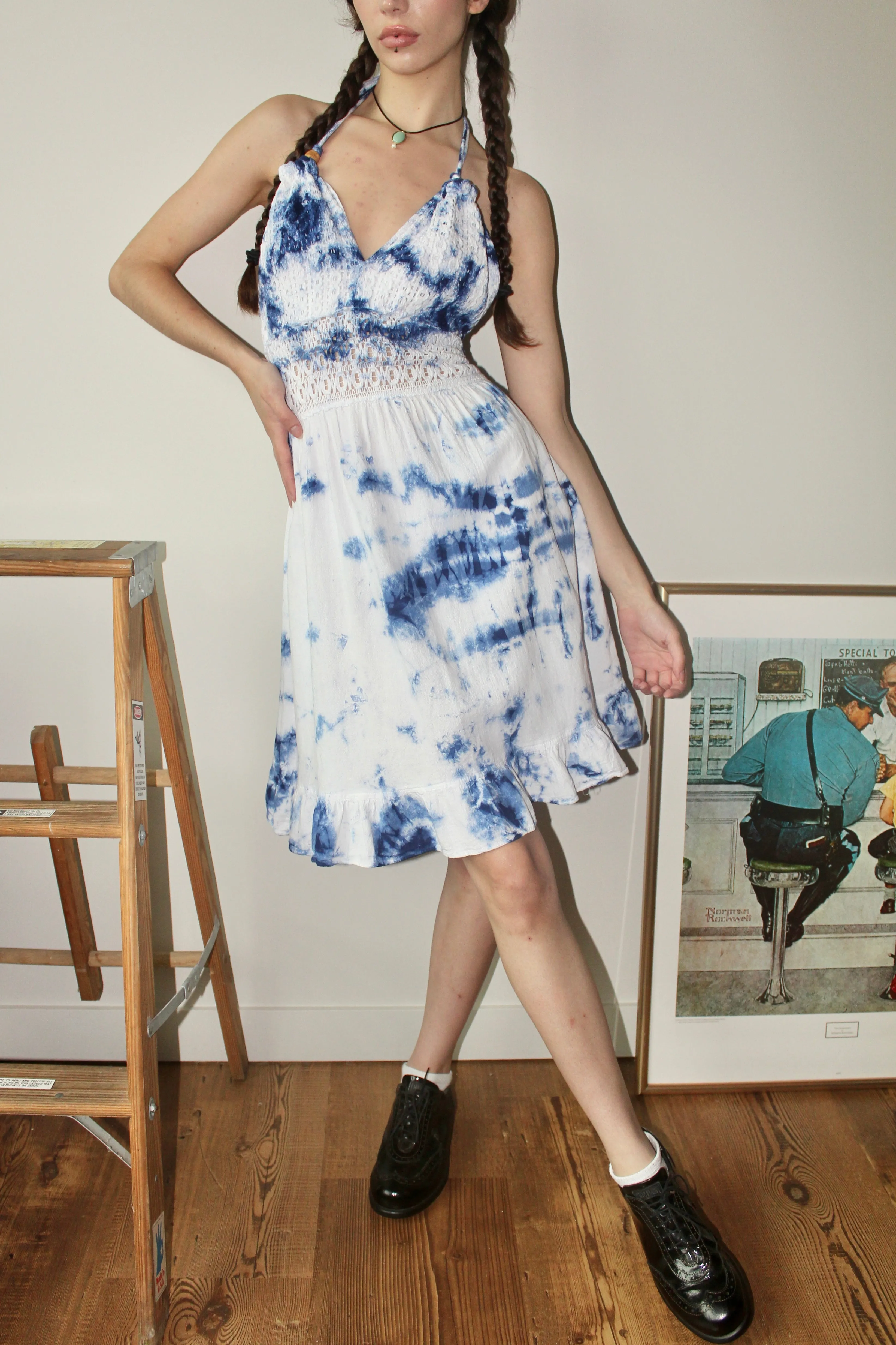 Vintage 90s Tie Dye Ruched Halter Dress (S)