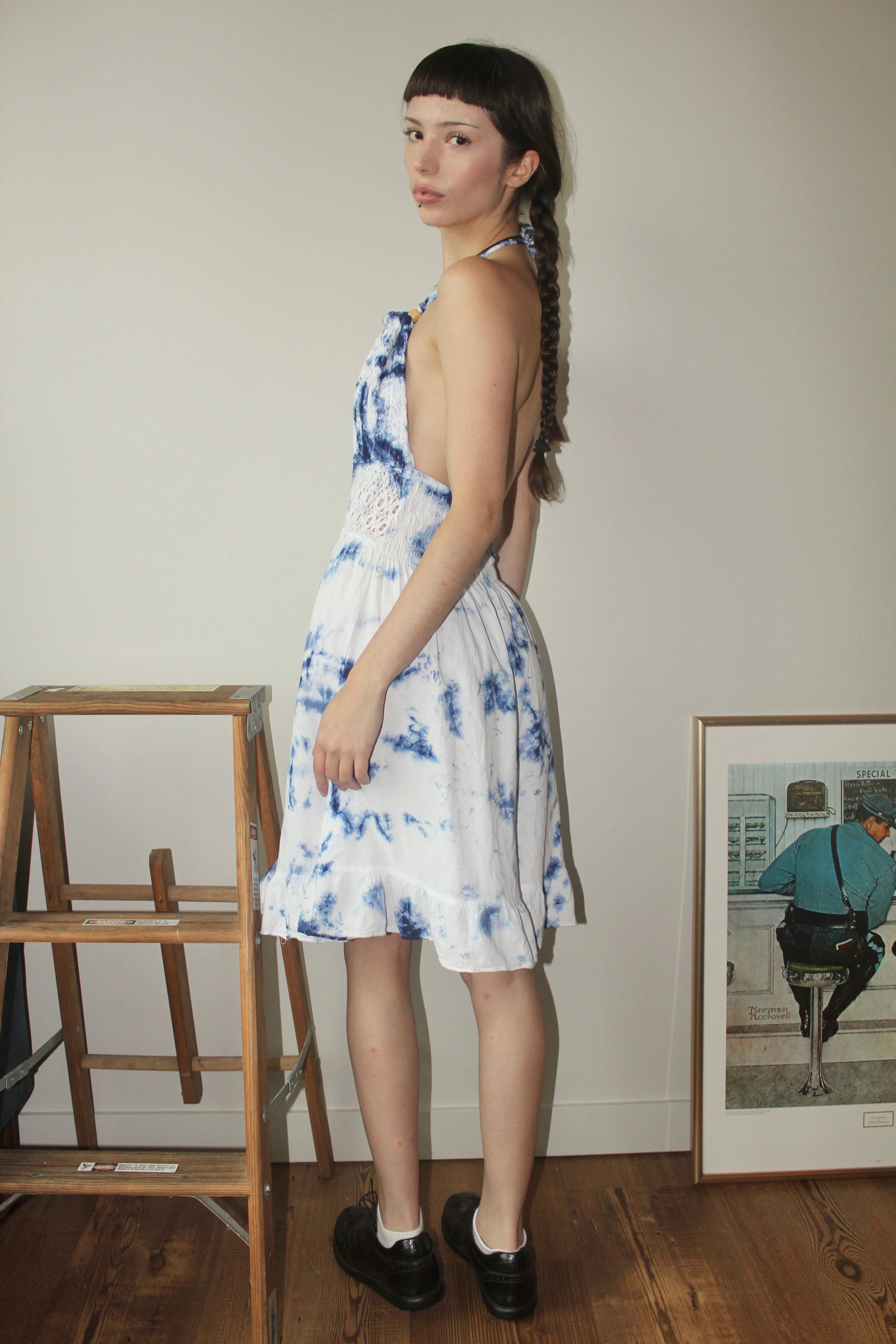 Vintage 90s Tie Dye Ruched Halter Dress (S)
