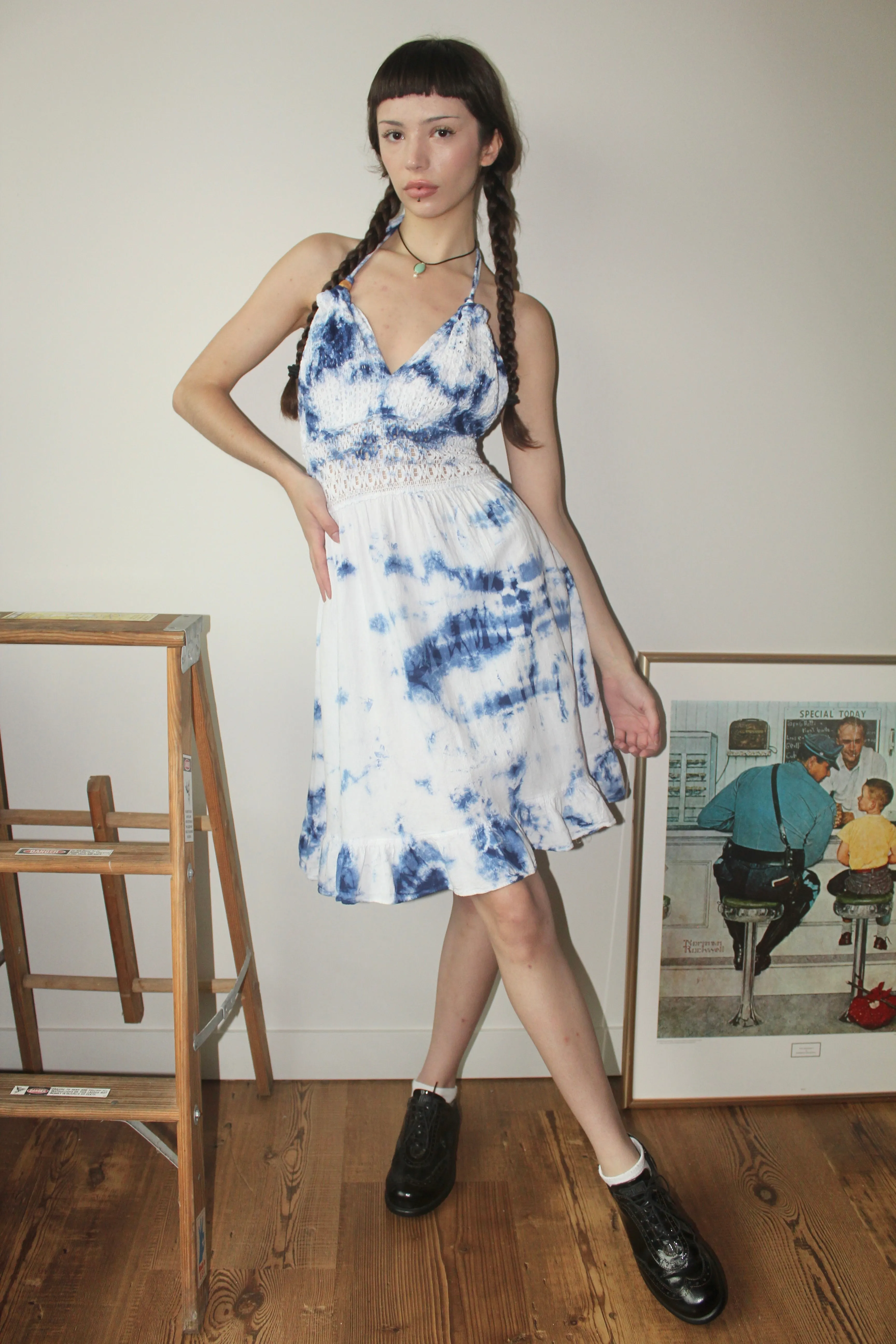 Vintage 90s Tie Dye Ruched Halter Dress (S)