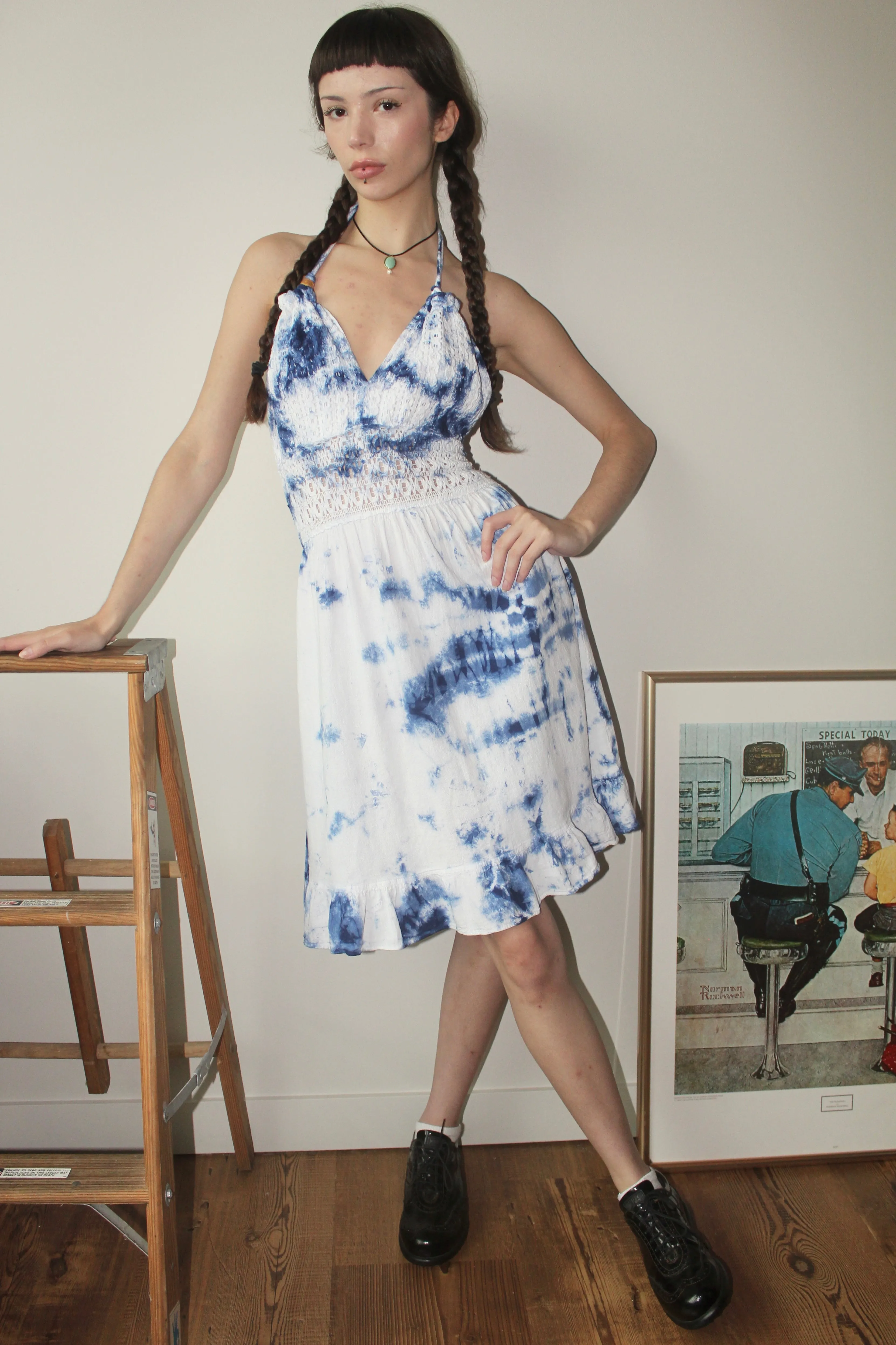 Vintage 90s Tie Dye Ruched Halter Dress (S)