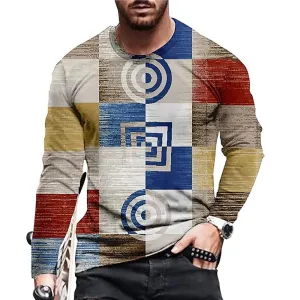 Vintage Patchwork Colour 3d Print Summer Men's O-Neck T-shirt Casual Long Sleeve Oversized T Shirt Fashion Pullover Men Clothing