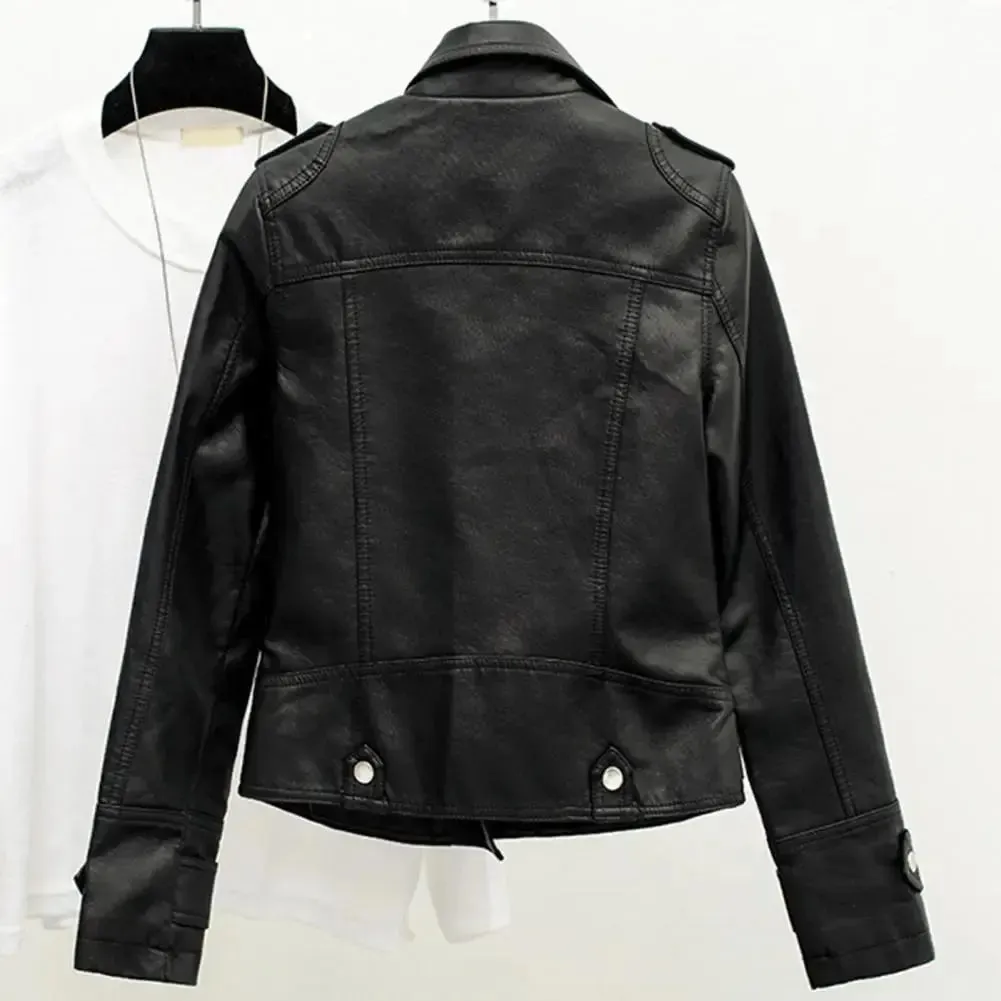 Women Cropped Trench Lapel Collar Leather Jackets Coat with Belt Female Single Button Short Jacket Motorcycle Jacket Outwear