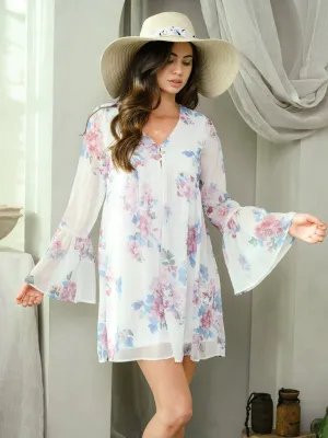 WOMEN'S BELL LONG SLEEVE FLORAL BABYDOLL MINI DRESS