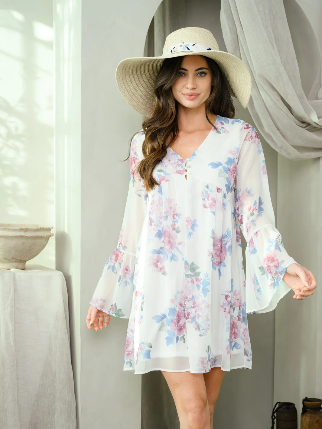 WOMEN'S BELL LONG SLEEVE FLORAL BABYDOLL MINI DRESS