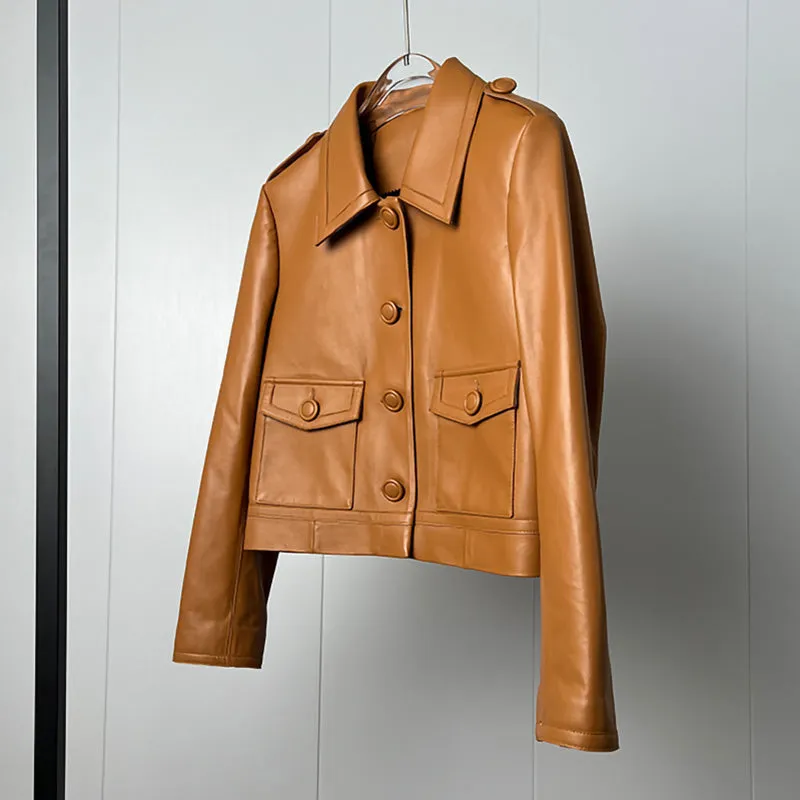 Women's Classic Leather Jackets Fashion Turn Down Collar Full Sleeve Biker Jackets Genuine Sheepskin Coats CL4017