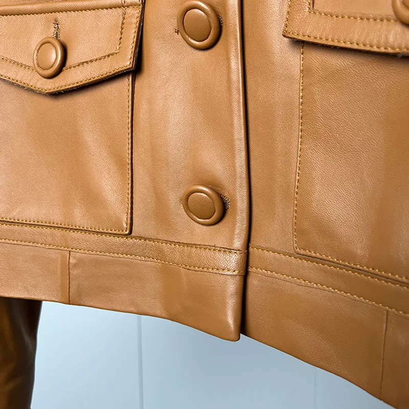 Women's Classic Leather Jackets Fashion Turn Down Collar Full Sleeve Biker Jackets Genuine Sheepskin Coats CL4017
