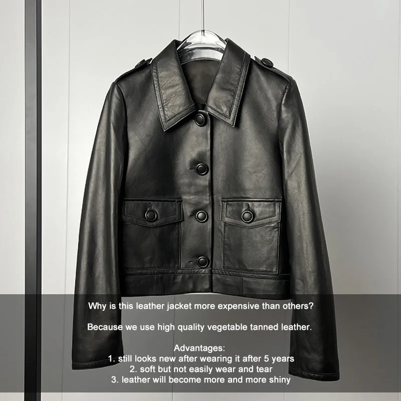 Women's Classic Leather Jackets Fashion Turn Down Collar Full Sleeve Biker Jackets Genuine Sheepskin Coats CL4017