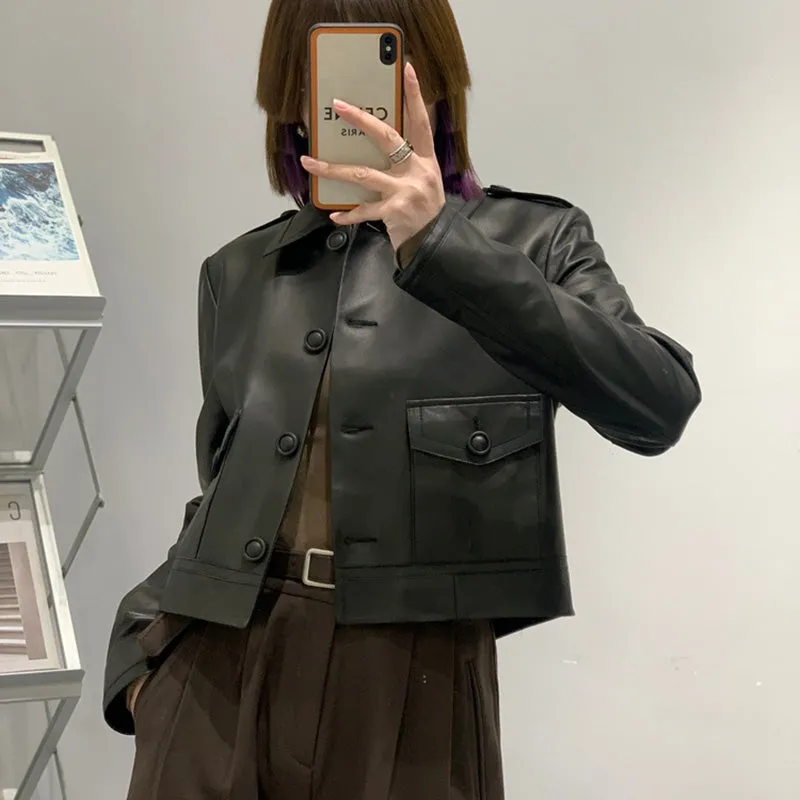 Women's Classic Leather Jackets Fashion Turn Down Collar Full Sleeve Biker Jackets Genuine Sheepskin Coats CL4017