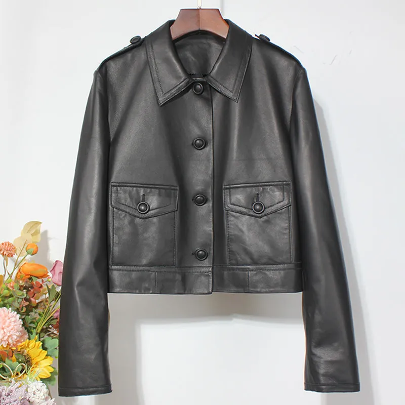 Women's Classic Leather Jackets Fashion Turn Down Collar Full Sleeve Biker Jackets Genuine Sheepskin Coats CL4017