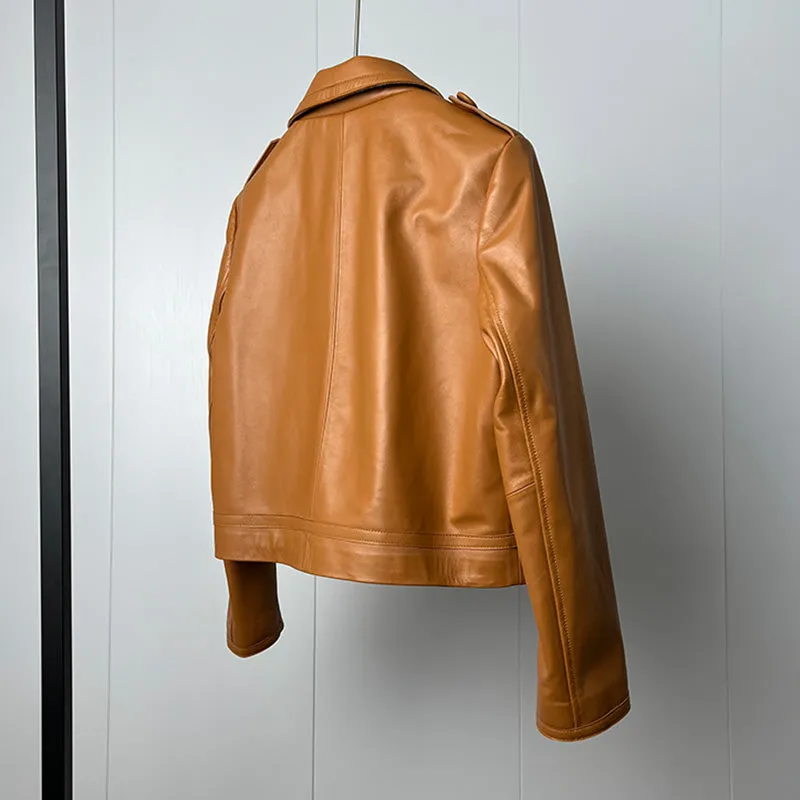 Women's Classic Leather Jackets Fashion Turn Down Collar Full Sleeve Biker Jackets Genuine Sheepskin Coats CL4017