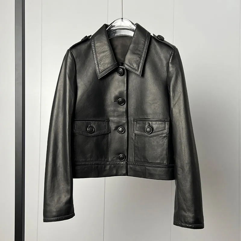 Women's Classic Leather Jackets Fashion Turn Down Collar Full Sleeve Biker Jackets Genuine Sheepskin Coats CL4017