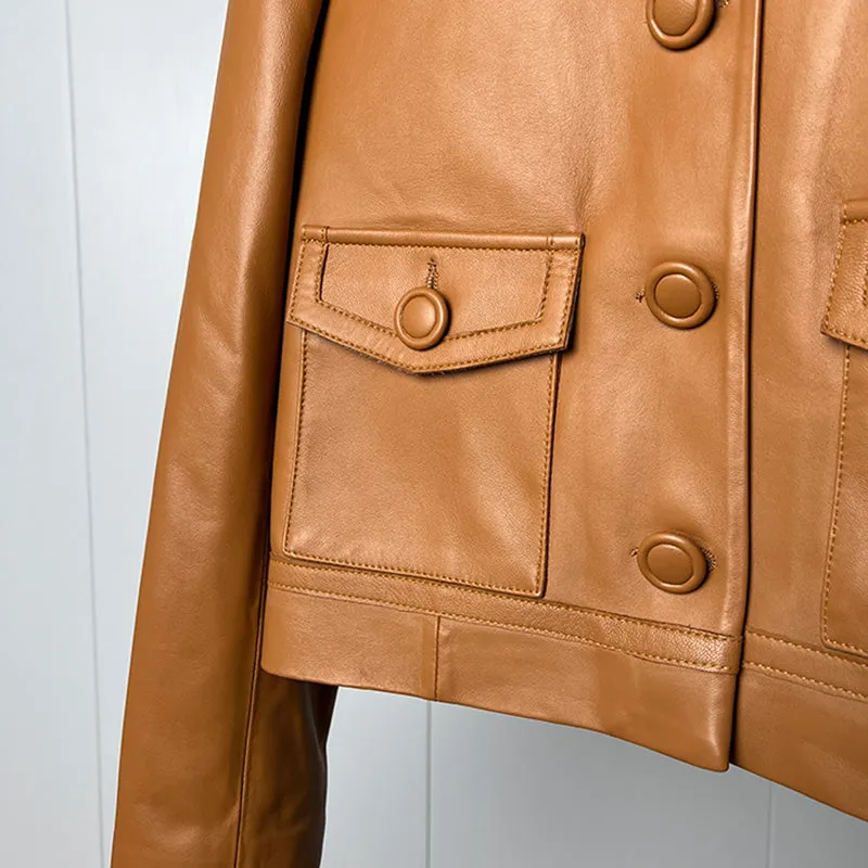 Women's Classic Leather Jackets Fashion Turn Down Collar Full Sleeve Biker Jackets Genuine Sheepskin Coats CL4017